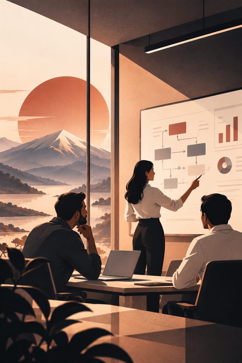 Ilustración de una consultora presentando un diagrama de procesos, con una montaña y un sol al atardecer de fondo